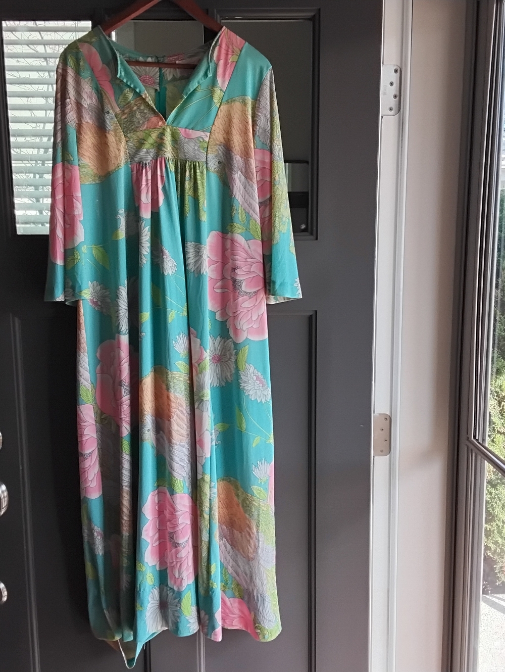 Vintage 60s 70s Lorraine Turquoise Peacock Floral Maxi Dress with Pink Blooms M